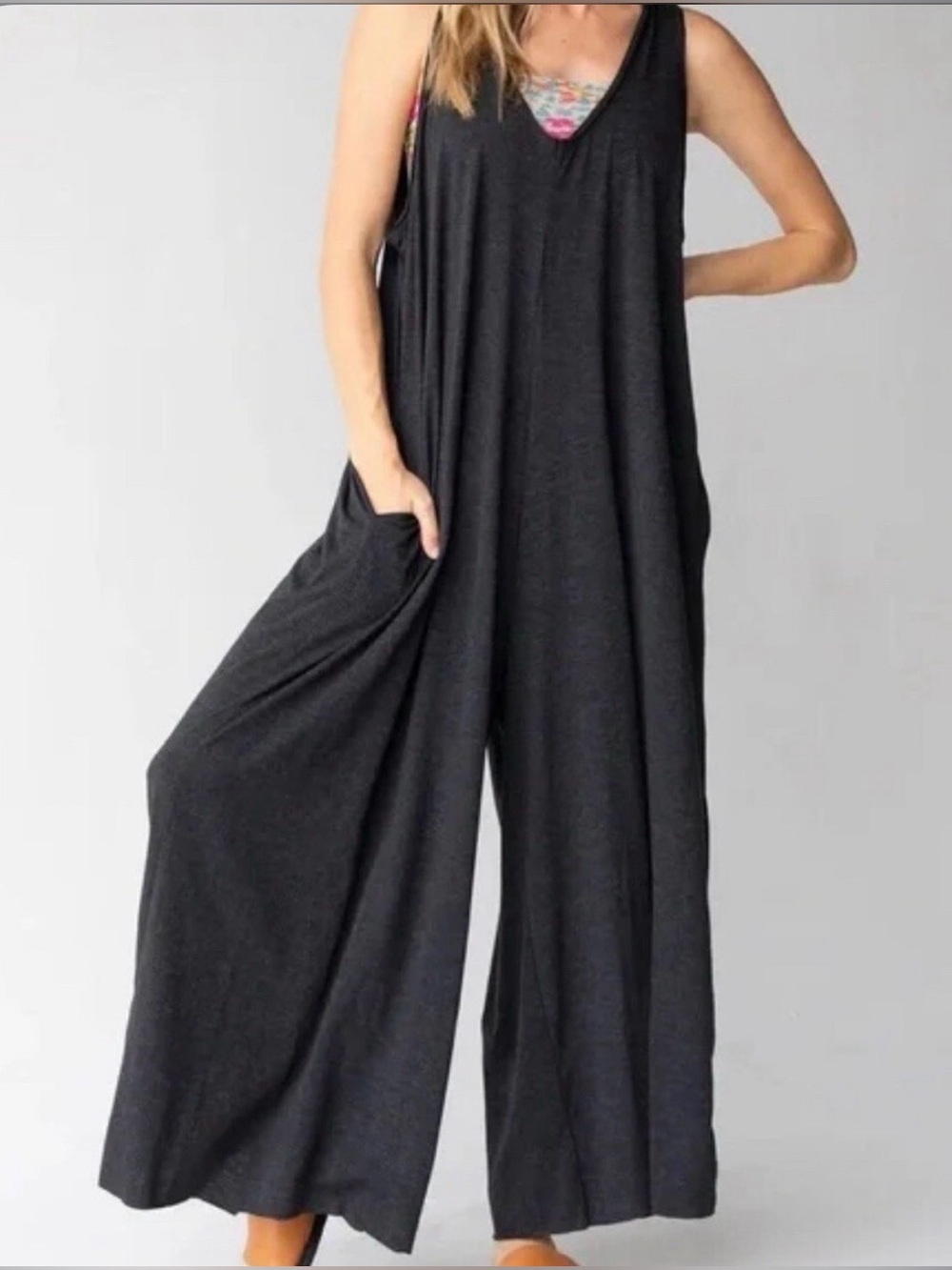 Natural Life grey knit sleeveless jumpsuit wide leg pockets one size F18